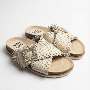 Bibi Lou Woven Leather Slide Sandals Crystal Buckle Fringe Cream Ivory Size 39/9
